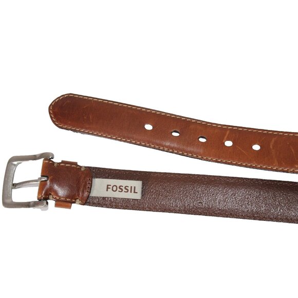 Fossil Mens Brown Genuine Leather Belt Size 38 Silver Buckle Classic - Picture 3 of 7